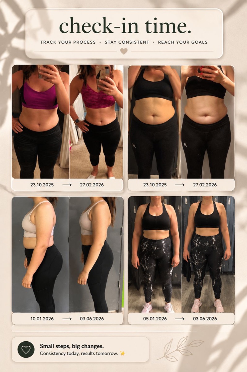 Client check-in board showing several progress photos over time
